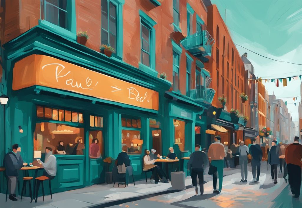 Ilustración digital moderna de una calle concurrida con restaurantes diversos y el icónico Temple Bar al fondo, destacando la temática de color teal, ideal para quienes buscan restaurantes cerca de Temple Bar.