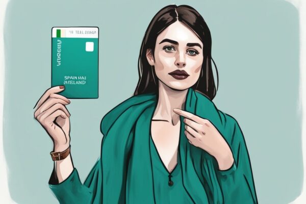 Ilustración digital moderna con tema de color teal, mostrando a una persona sosteniendo una tarjeta NIE española y una guía de viaje a Irlanda, destacando la pregunta: puedo viajar a Irlanda con NIE español.