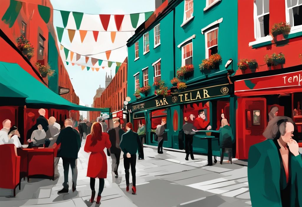 Ilustración digital moderna en tonos teal del bullicioso The Temple Bar Dublín con su icónico exterior rojo, personas disfrutando de bebidas al aire libre y música tradicional irlandesa de fondo.