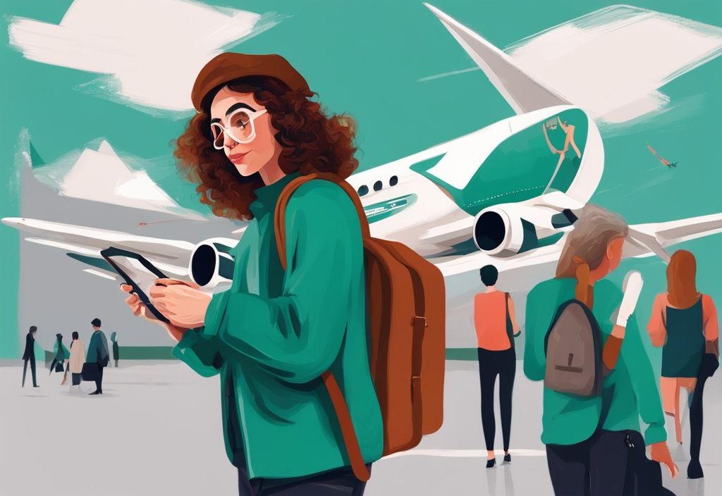 Ilustración digital moderna con un viajero sosteniendo un pasaporte y un billete de avión de España a Irlanda, con tema de color principal en tonos teal.